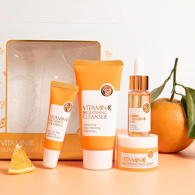Vitamin C Skincare Set, 4 In 1 Moisturizing Facial Care Kit with Cleanser Serum Eye Cream Face Cream for Dull Skin & Fine Lines, Anti Aging Skin Care Routine Kit Gift for Women Teen Girls