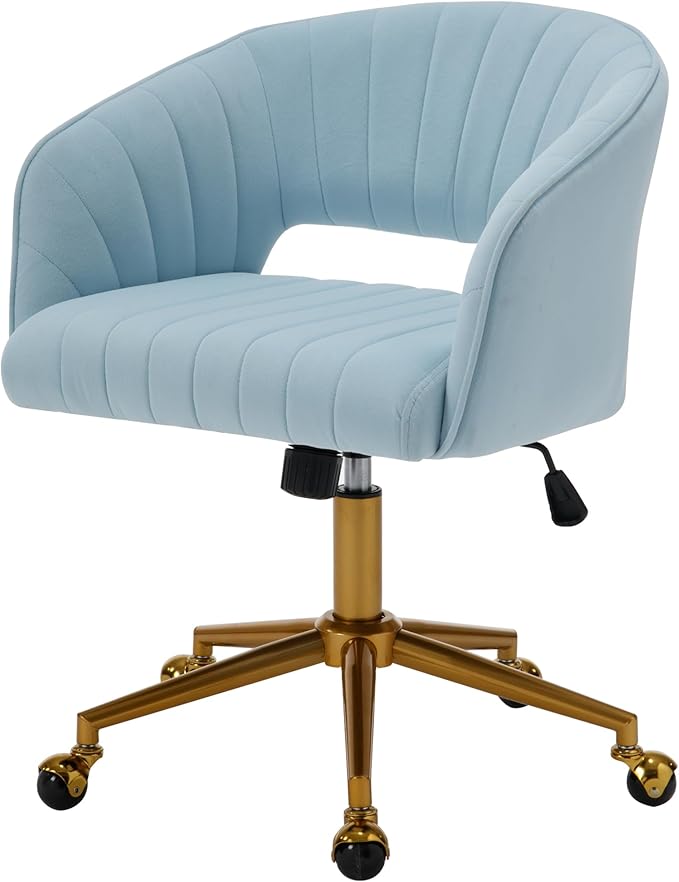 Westice Home Office Desk Chairs, Modern Velvet Rolling Chair, Height Adjustable Swivel Vanity Chair with Golden Base, Ergonomic Chair for Study, Living Room Computer Room, Light Blue