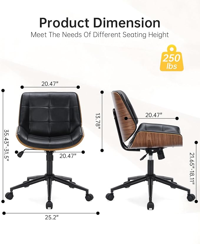 Leather Home Office Chair No Arms,Armless Adjustable Height Small Desk Chair,Swivel Computer Chair with Wheels,Mid-Century Modern Walnut Mid Back Chair for Office, Reading Room,Bedroom(Black)