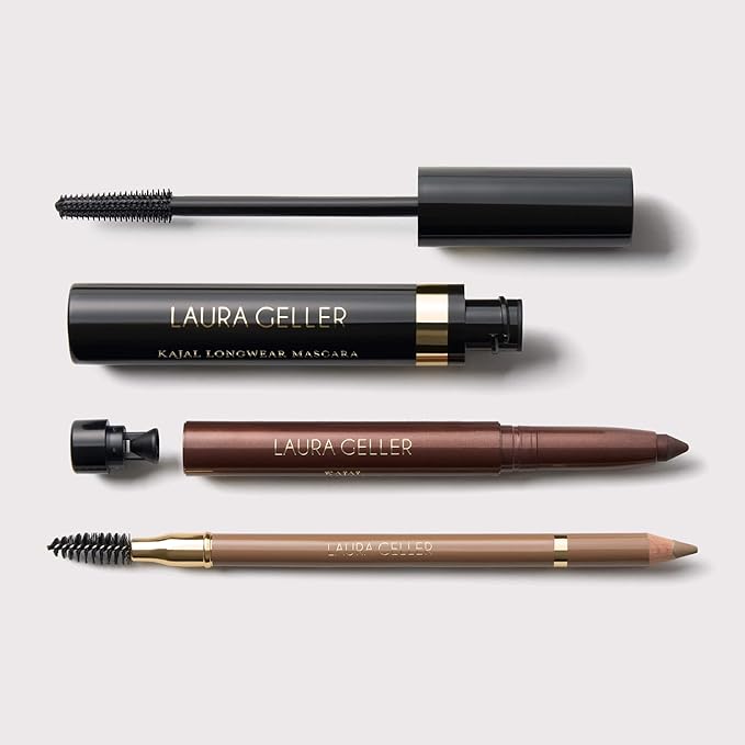 LAURA GELLER Laura’s 3 E’s Eyebrows, Eyelash & Eyeliner Kit for Mature Skin | Blonde | Kajal Longwear Eyeliner, Kajal Longwear Mascara & Bravo Brows Soft Pencil + Brush