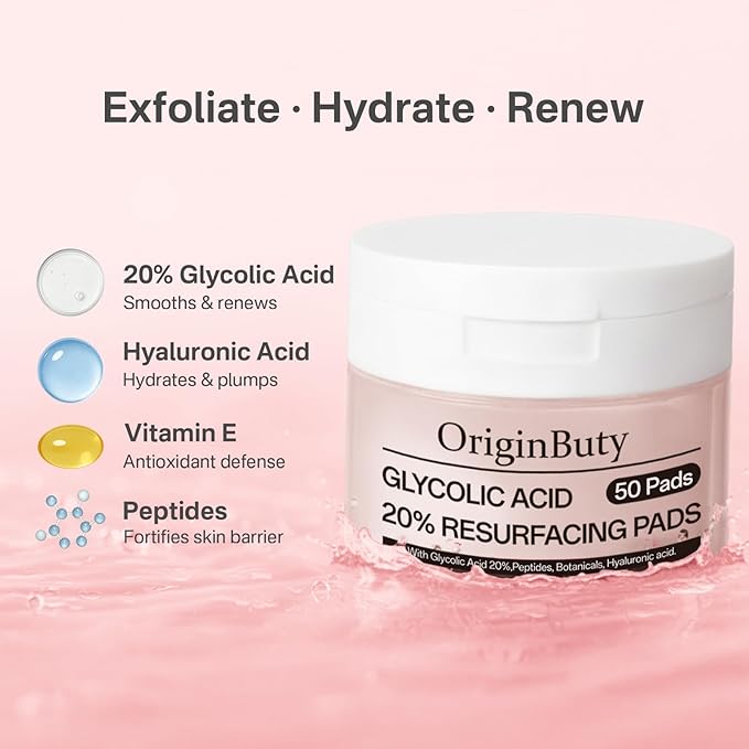 Glycolic Acid 20% Resurfacing Pads (50 Count), Exfoliating Peel Pads for Face, Skin Pore Resurfacing & Radiance, Exfoliating Toner Facial Pads with Oil, Salicylic Acid & Vitamins E, B3, B5
