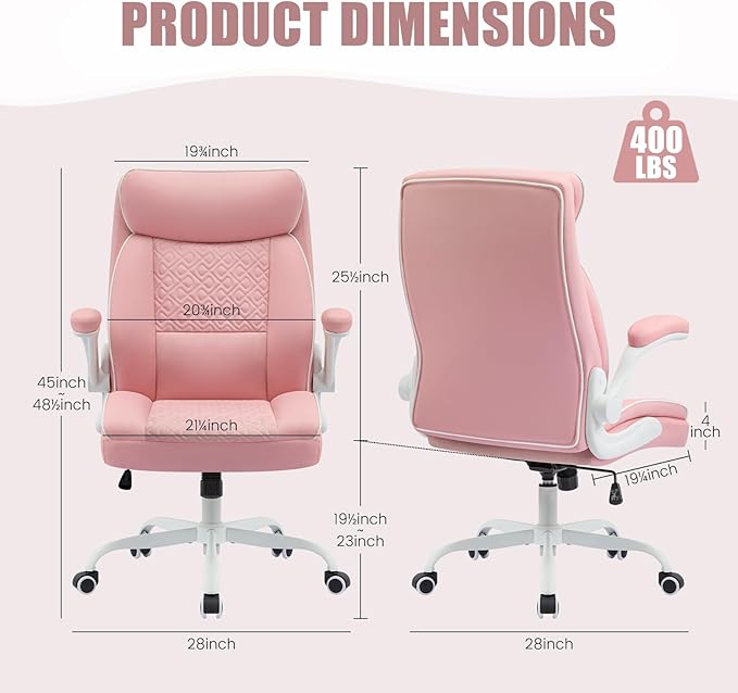 Leather Office Chair, Computer Desk Chair with Lumbar Support,Height Adjustment, Comfortable Excutive Task Chairs 400lbs with Padded Flip-up Armrests, Pink