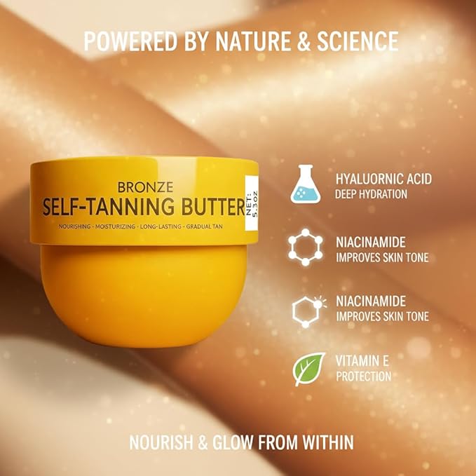 Tanning Butter Gradual Tanning Lotion with Active Skincare, Hydrating Self Tanner for Body with Niacinamide, Hyaluronic Acid and Vitamin E – No Orange Tones 5.3 fl oz (150ml) (1PC)