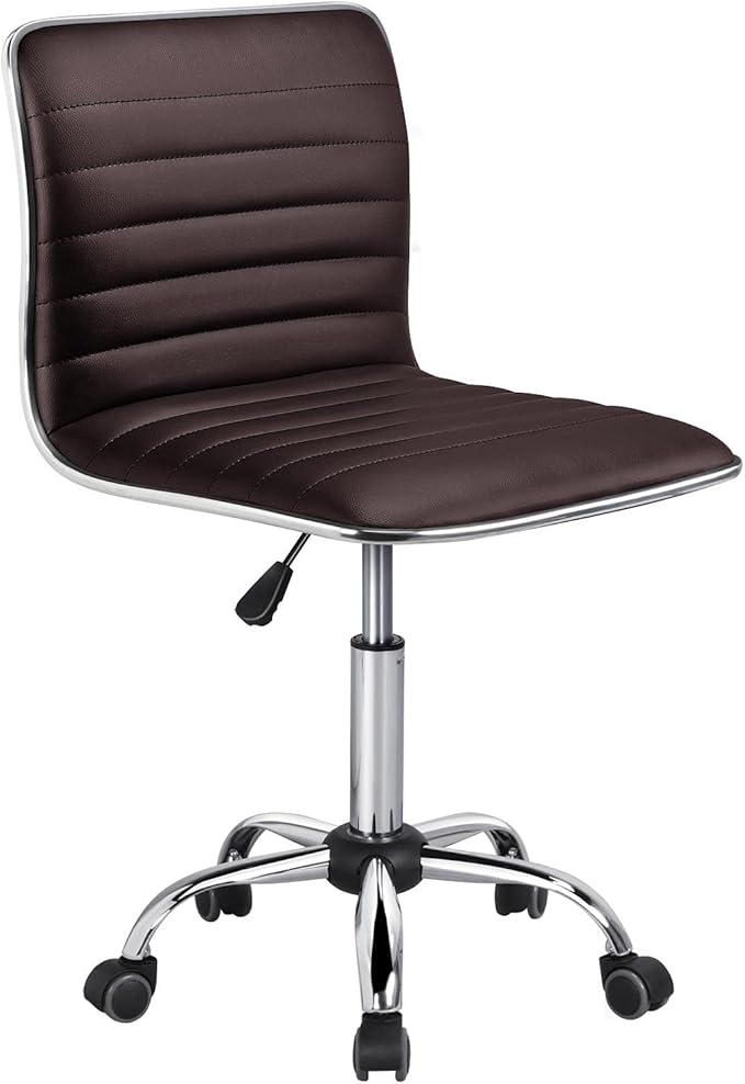 Yaheetech Modern PU Leather Ribbed Armless Working Office Chair Adjustable Low-Back Comfy Desk Task Chair w/Rolling Wheels, Brown