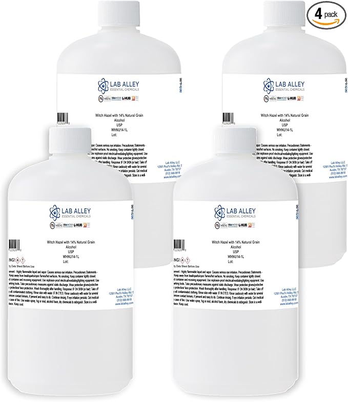 Lab Alley Witch Hazel, 100% All Natural Distilled with 14% USP Natural Grain Alcohol - 4 Liters (Pack of 4 x 1 Liter Bottles)