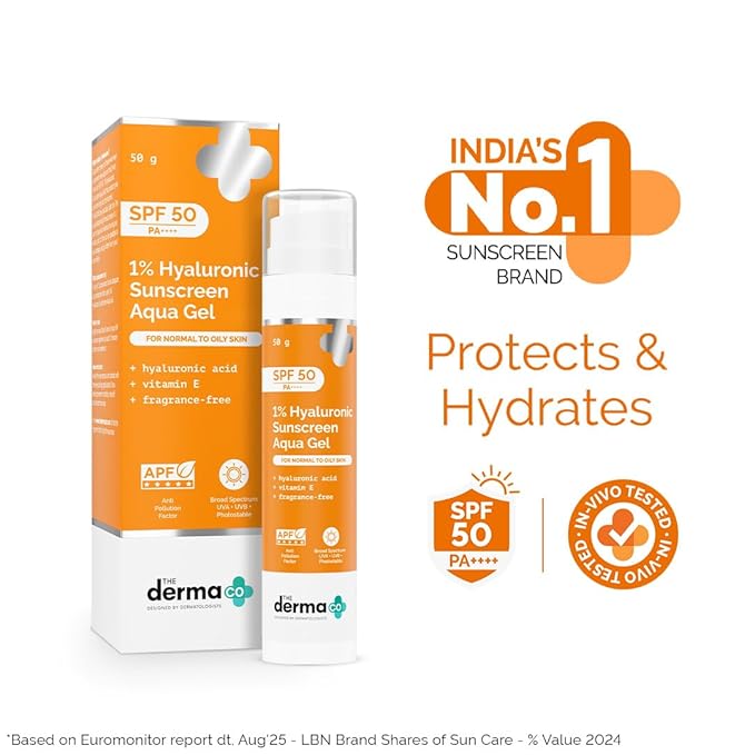 The Derma Co 1% Hyaluronic Sunscreen Aqua Gel with SPF 50 & PA++++ | Broad Spectrum UVA/B & Blue Light Protection | Lightweight & Quick Absorbing with Vitamin E | 1.76 Oz/50g
