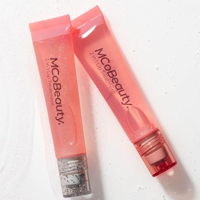 MCoBeauty Glow and Treat 2-in-1 Lip Treatment Peach - Tinted Lip Oil with Squalane Roller Ball Applicator - Glossy Moisturizing Lip Balm Gloss for Dry Lips - Vegan Cruelty Free Lip Care - 10ml
