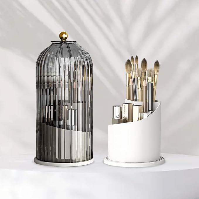 Makeup Brush Holder with Lid, 360 Rotating Sliding Opening Cosmetic Tools Organizer, Waterproof Dustproof Makeup Brush Organizer for Vanity Desktop Bathroom Countertop(COLOR:White And Black)