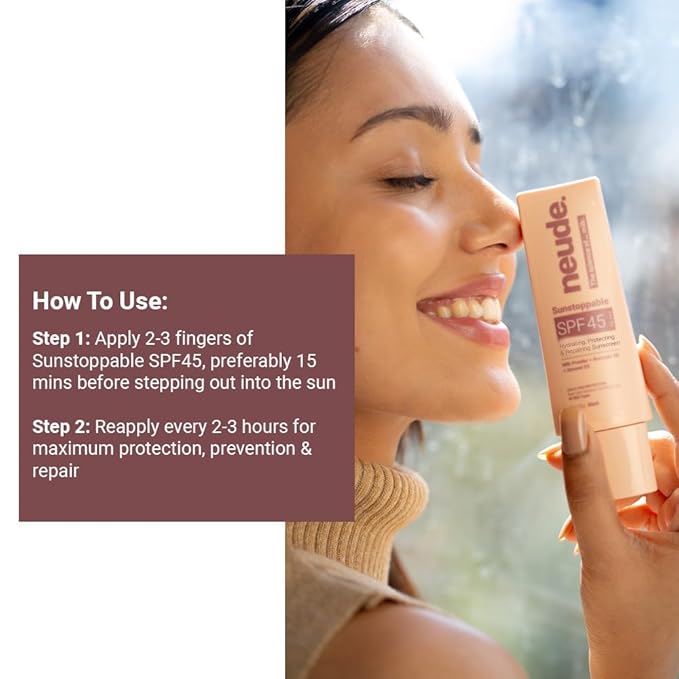 Neude Sunstoppable Sunscreen With Spf 45 Pa+++ & No White Cast For Men & Women, Daily Use Broad-Spectrum Protecting & Repairing Sunscreen Moisturizer, Blue Light Protection, Paraben-Free, 50Ml