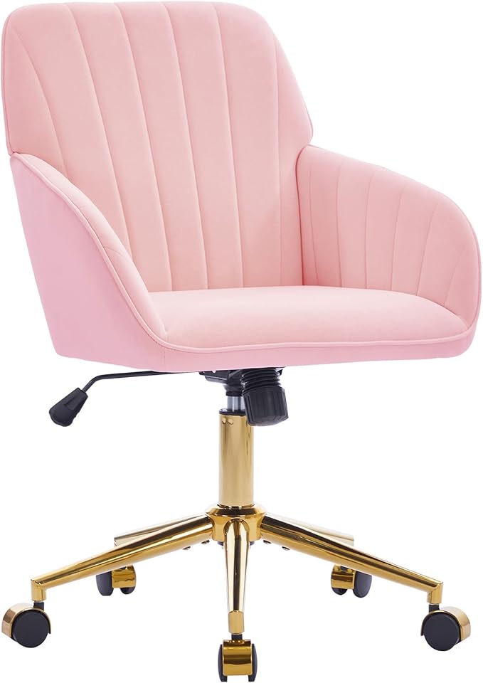 Velvet Home Office Desk Chair, Modern Cute Computer Task Chair with Back, Height Adjustable Upholstered Vanity Chair with Swivel Wheels for Women, Girls (Gold Base, Pink