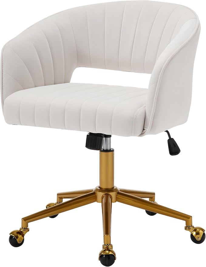 Westice Home Office Desk Chairs, Modern Velvet Rolling Chair, Height Adjustable Swivel Vanity Chair with Golden Base, Ergonomic Chair for Vanity Study, Living Room Computer Room, Beige