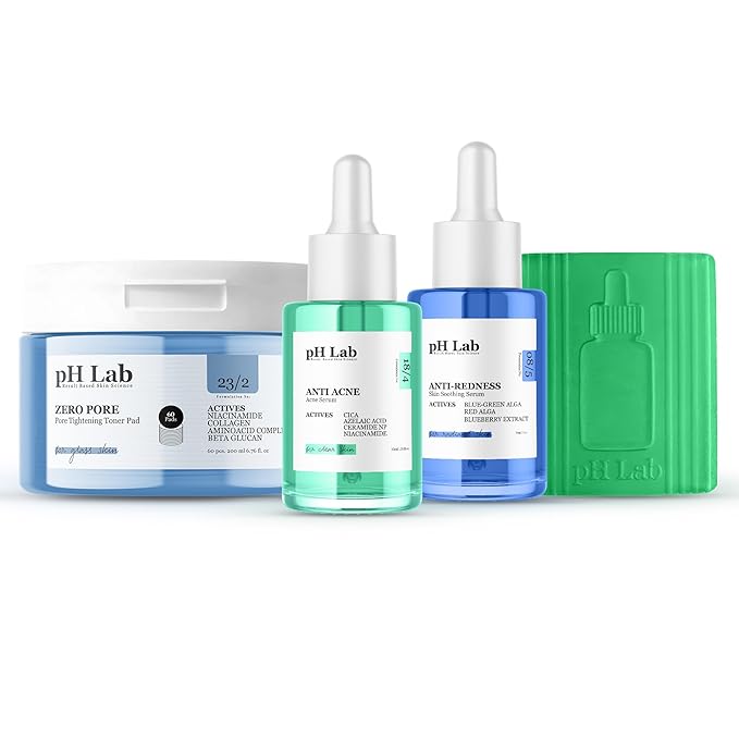 pH Lab Combination & Acne-Prone Skin Routine Set, Zero Pore Tightening Toner Pad, Anti Acne Serum with Azelaic Acid, Anti Redness Serum, Acne Cleansing Bar, Purifies and Soothes the Skin