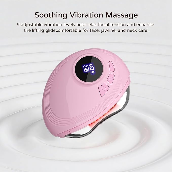 Professional LED Red Light Gua Sha Massager, 9-Level Adjustable Face and Neck Sculptor for Skin Firming, Jawline Contouring & Serum Absorption, Portable Metal Facial Skincare Tool - Pink