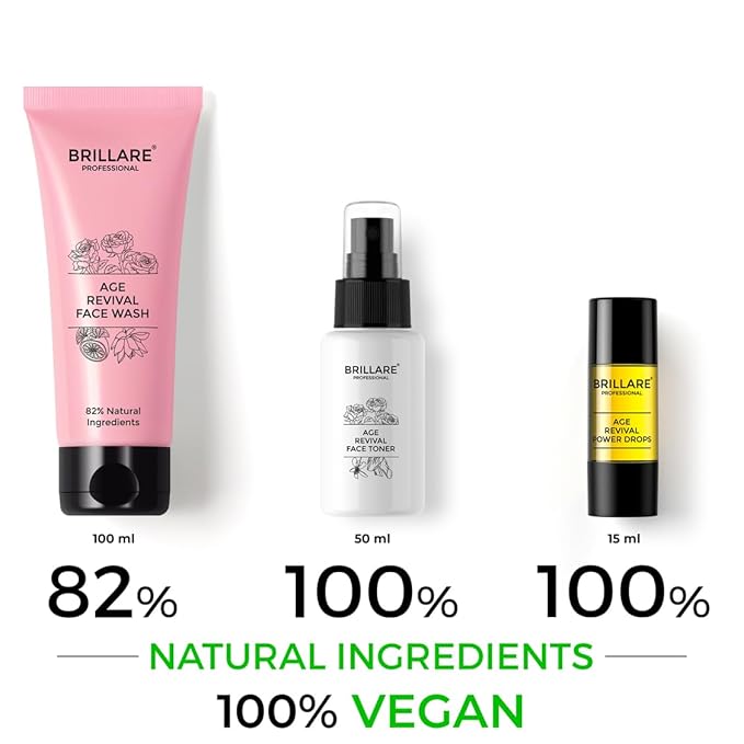 Brillare Age Revival Natural Face Wash, Toner and Face Serum Combo With Hyaluronic Acid, Rose and Sandalwood