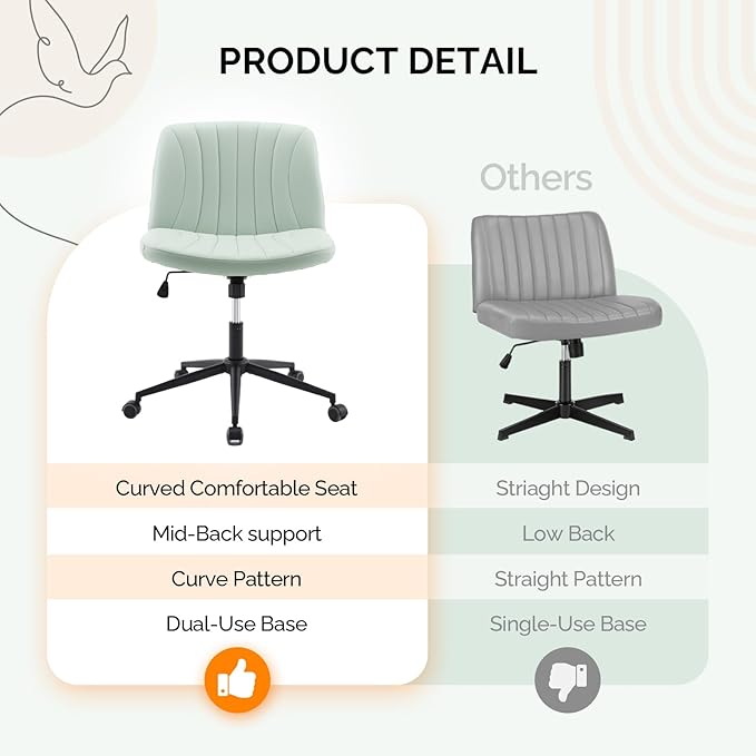 VINGLI Criss Cross Legged Chair,Wide Comfy Office Desk Chair,Dual-Use with/no Wheels Computer Task Chair,Swivel Armless Vanity Rolling Chair for Study,Make Up,Home Office,Cat Scratch PU,Mint Green