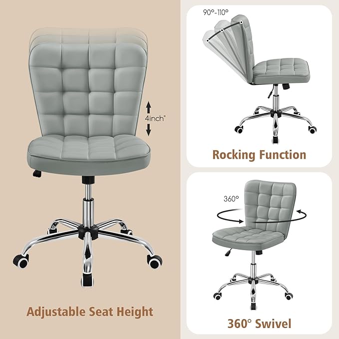 Yaheetech Armless Desk Chair Modern Tufted Office Chair Faux Leather Upholstered Computer Chair with Adjustable Seat Height and Rolling Wheels for Home/Office, Light Gray