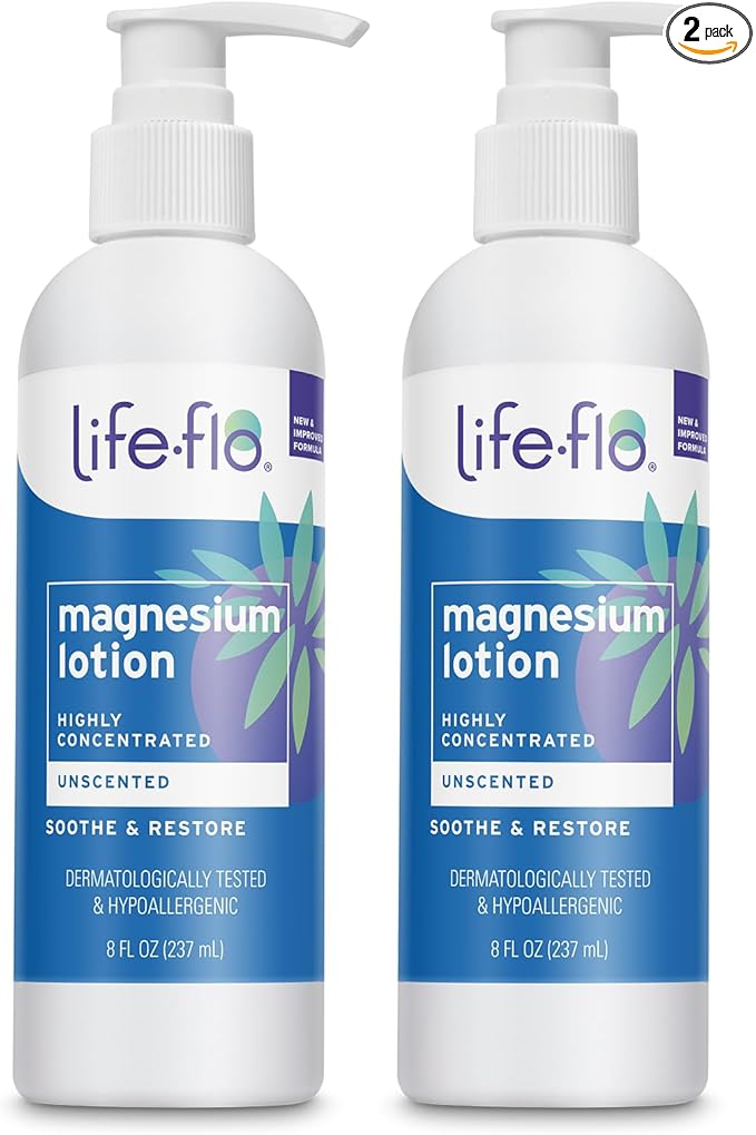 LIFE-FLO Magnesium Lotion - Unscented Body Lotion for Kids and Adults with Highly Concentrated Magnesium Chloride - Soothes Muscles and Joints When Massaged into Skin - Hypoallergenic - 2 8-oz Bottles