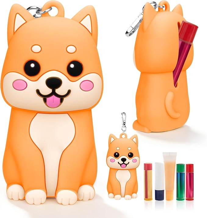 BrainKer Chapstick Holder Key Chain Cute Cartoon Design Lip Balm Holder Keychain Storage Bag Silicone Lip Gloss Holder Case