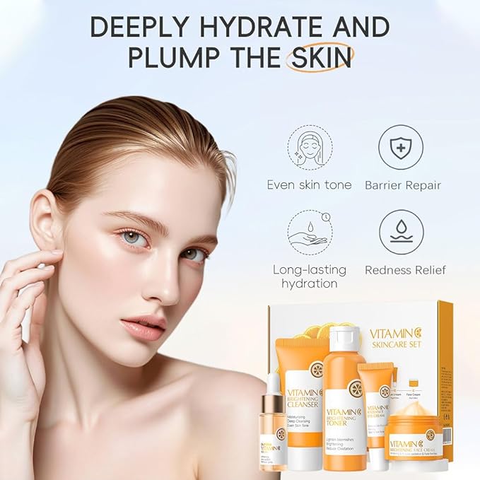 Vitamin C Face Skin Care Set For Women Teen Girls,5 Pcs Vitamin C Women Beauty Gift Set with Cleanser, Toner, Serum, Eye Cream and Face Cream,Travel Size Facial Skin Care Routine Kit