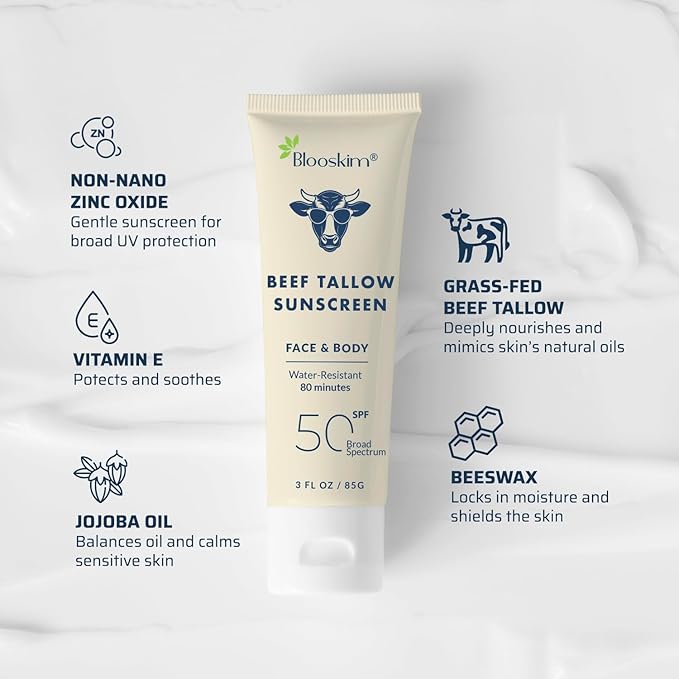 Beef Tallow Sunscreen SPF 50: Natural Tallow & Zinc Oxide Sunblock Cream for Face & Body - Sun Protection with Non Greasy Formula for Women and Men - Water-Resistant 3 oz