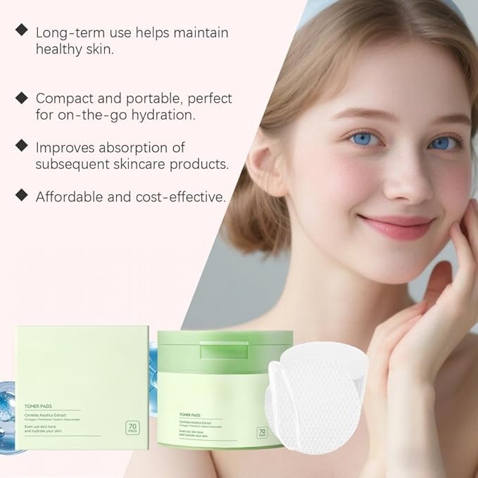 Centella Asiatica & Collagen Toner Pads - Hydrating Facial Pads for Daily Moisture, Soothing & Gentle Cleansing, 70 Count (2, 70 Pads)