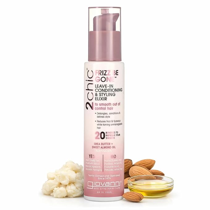 GIOVANNI 2chic Leave-In Conditioning Styling Elixir - Anti-Frizz Natural Hair Smoothing Formula with Shea Butter & Sweet Almond Oil, Macadamia, Detangler, Paraben Free, Color Safe Conditioner - 4 oz