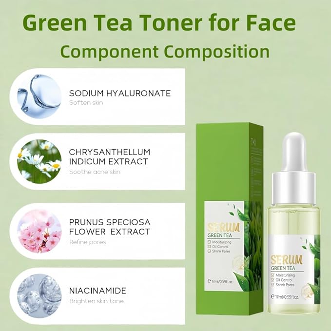 Natural Green Tea Facial Toner & Serum - Anti-Aging, Anti-Wrinkle, Moisturizing & Soothing for Dry Skin - Balances Oil, Reduces Acne, Refines Pores (Travel Size) (1)