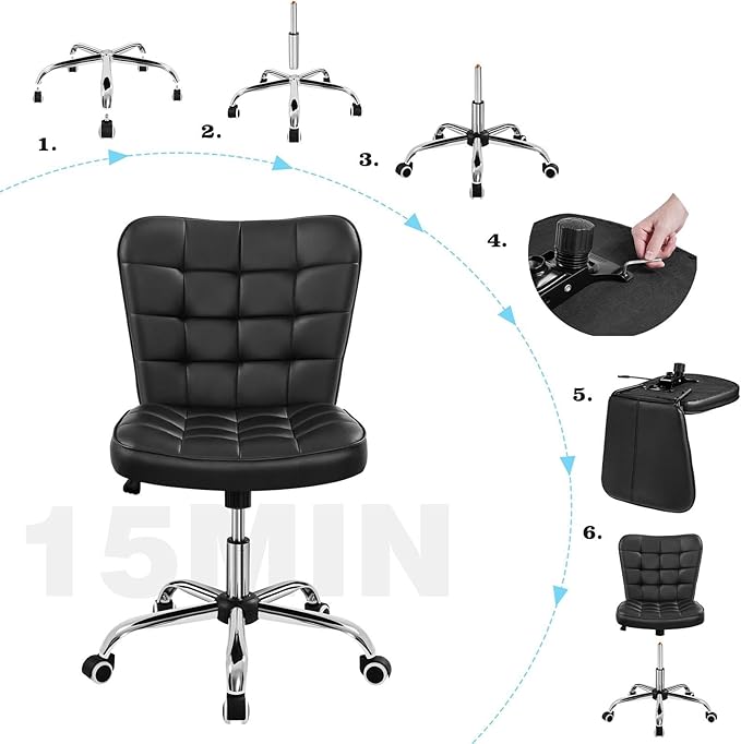 Yaheetech Modern Tufted Armless Desk Office Chair Faux Leather Upholstered Computer Chair with Adjustable Seat Height and Rolling Wheels for Home/Office, Black