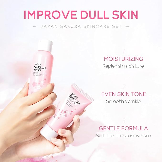Skin Care Set for Women Girls, Cherry Blossoms Beauty Gift Sets Skin Care Kit with Cleanser, Face Serum, Face Cream,Toner,Eye Cream（5pcs Skin Care Kit）