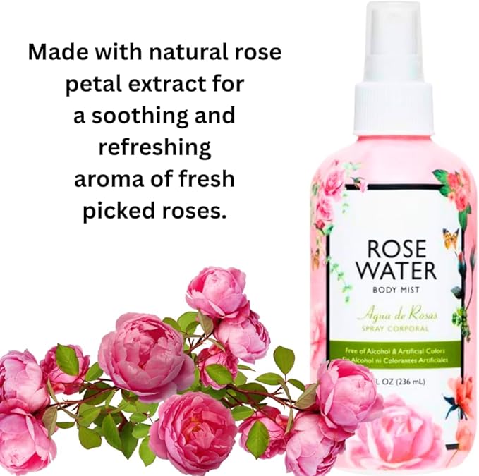 Hydrating Rose Water Mist Spray – 8 fl oz Refreshing Facial and Body Toner for Skin and Hair – Compatible with All Skin Types, Soothing, Alcohol-Free, pH-Balancing Floral Mist