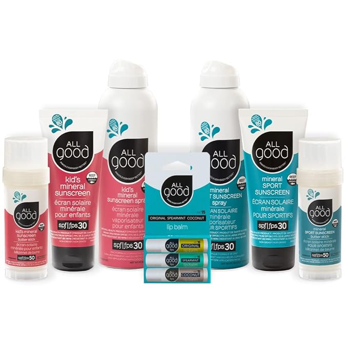 All Good Family Sunscreen Pack - Kids Lotion, Spray, Butter Stick & Sport Lotion, Spray, Butter Stick, Lip balm SPF 15 3-pack