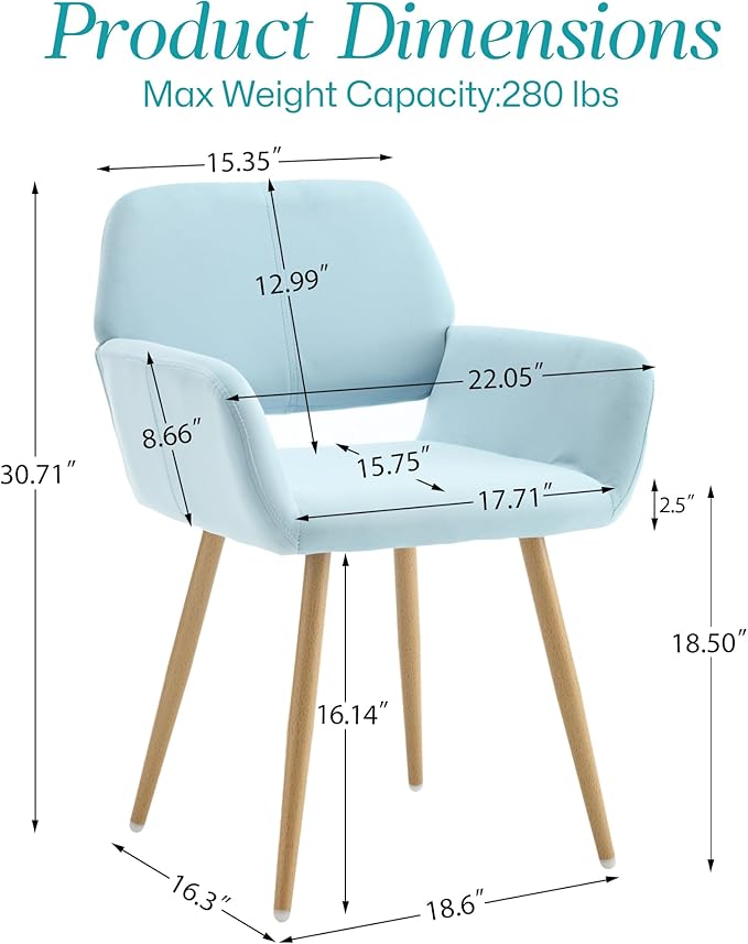 Home Office Velvet Desk Chair, Makeup Vanity Chair, Comfy Accent Armchair with Wood Grain Metal Legs, Cute Dining with Hollowed Back, Light Blue