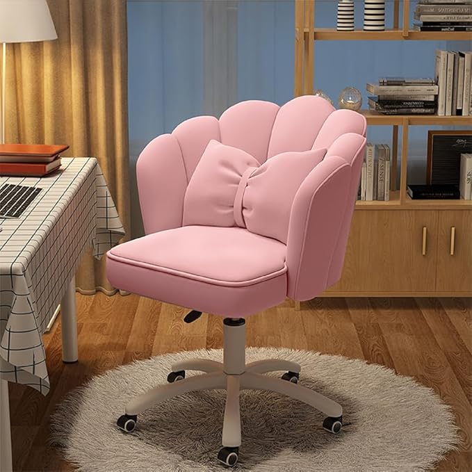 Petal Desk Chair with Bow Cushion Velvet Vanity Chair with Wheels, Upholstered Home Office Chair for Girls Women, Mid-Back Swivel Computer Task Chairs for Living Room Bedroom