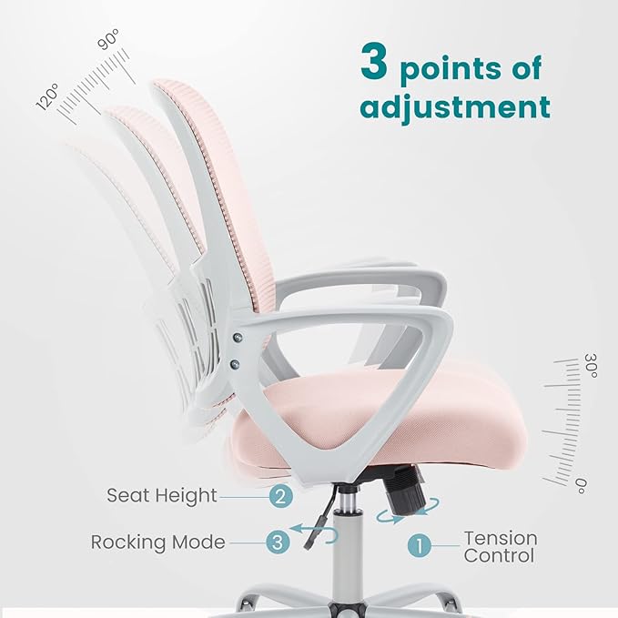DUMOS Home Office Chair, Mid Back Computer Ergonomic Mesh Desk with Large Seat, Executive Height Adjustable Swivel Task with Lumbar Support and Armrest, for Adults, Pink