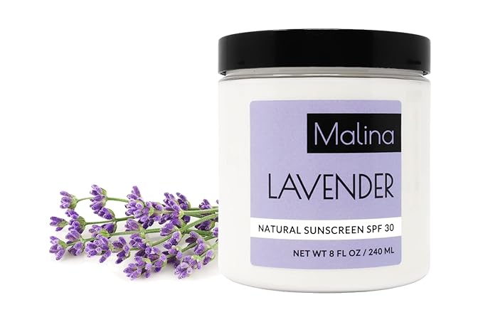 Malina™ Organic Lavender Natural Sunscreen | SPF 30+ | Nontoxic | Baby-Safe | Reef-Safe | No Preservatives | No Synthetic Fragrance | Made With Pure Essential Oil (8 Fl Oz)