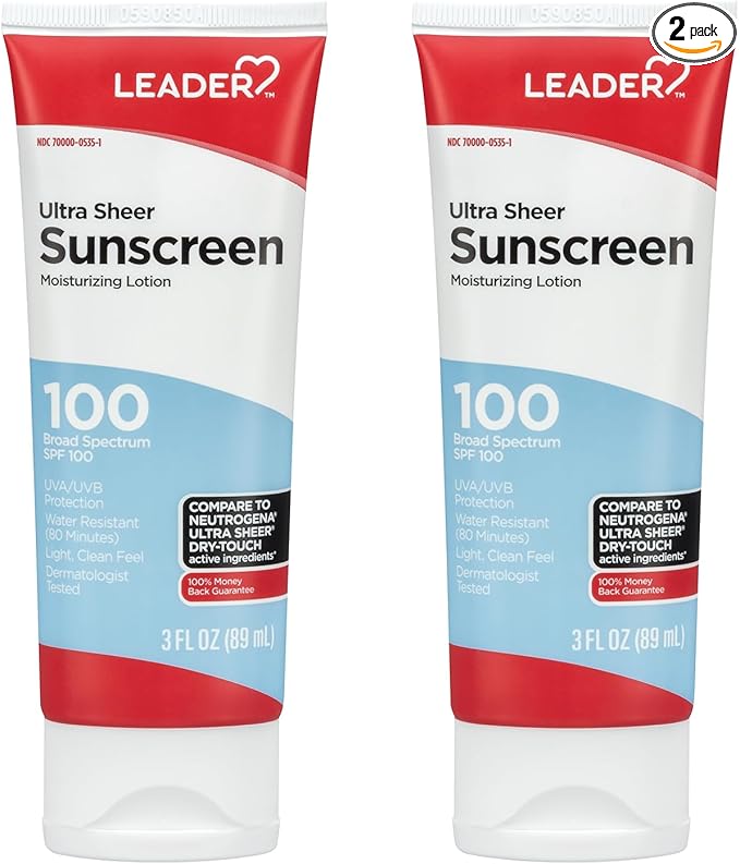 LEADER Travel Sunscreen SPF 100+, Ultra Sheer Dry-Touch Water Resistant and Non-Greasy Lotion with Broad Spectrum SPF 100+, 3 Fl Oz (2 Pack)