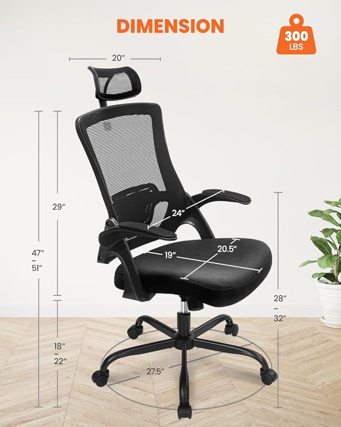 NEO Chair Office Chair High Back Desk Chair Comfy Gaming Computer Mesh Seat with Ergonomic Lumbar Adjustable Headrest Rolling Flip-up Armrests and Wheels (All Black)