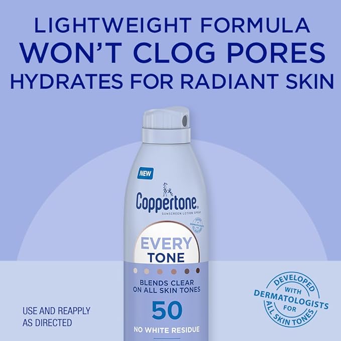 Coppertone Every Tone Sunscreen Spray SPF 50, Lightweight, Rubs on Clear Sunscreen for All Skin Tones, Formulated with Nourishing Vitamin E, 5 Oz Bottle (Pack of 2)