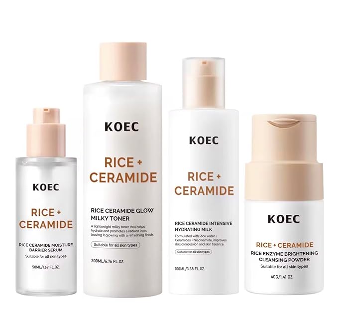Rice + Ceramide Korean Skincare Set – Hydrating & Brightening Glass Skin Routine with Toner, Serum, Cleansing Powder & Hydrating Milk – Barrier Repair & Deep Moisture – All Skin Types