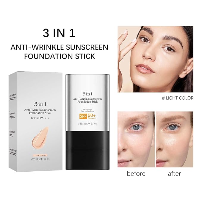 Foundation Stick with Brush, SPF 50, Hydrating Anti Wrinkle Non-Sticky Matte Finish Sun Protection for Face and Body, Long-lasting Travel Size Korean Skin Care Sun Stick (Light, 0.71oz)