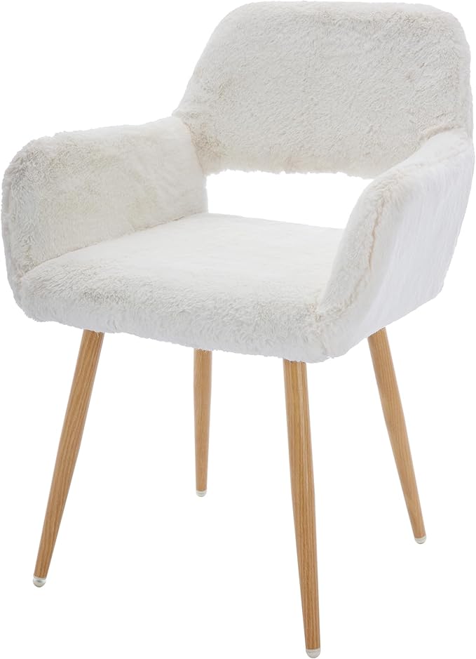 Home Office Faux Fur Desk Chair, Fluffy Makeup Vanity Chair, Comfy Accent Armchair with Wood Grain Metal Legs, Cute Dining Chair with Hollowed Back, White