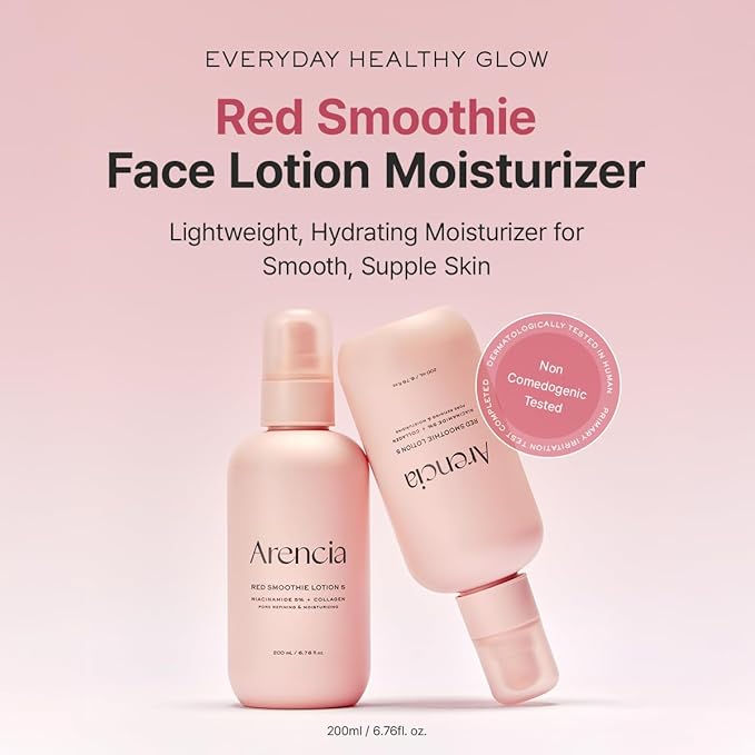 ARENCIA Red Smoothie Lotion 5, Face Moisturizer with Niacinamide 5%, Collagen, Peptide Complex, Hydrating Skin Care, 6.76 fl oz
