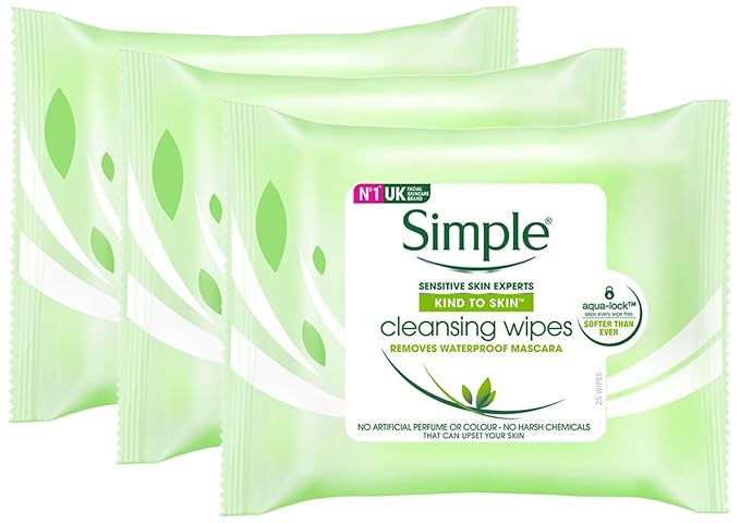 Simple Kind to Skin Facial Wipes Gentle and Effective Makeup Remover Cleansing Free from color and dye artificial perfume and harsh chemicals 25 Wipes (Pack of 3)