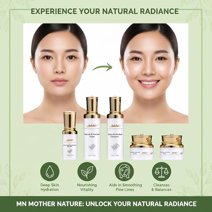 MN Mother Nature Herbal 5-Piece Skincare Set – Aloe Cleanser, Neroli Toner, Rhassoul Mask & Hydrating Cream – Organic Formula for Smooth, Healthy-Looking Skin – Daily Moisture & Vitality Routine