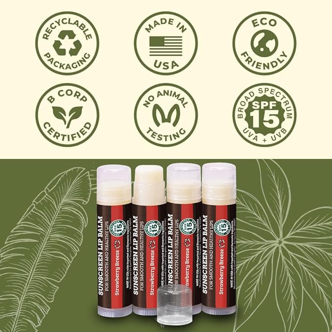 Earth's Daughter SPF Lip Balm 4-Pack Strawberry Flavor - Lip Sunscreen, SPF 15, Organic Ingredients, Beeswax, Coconut Oil, Vitamin E - Hypoallergenic, Paraben Free, Gluten Free