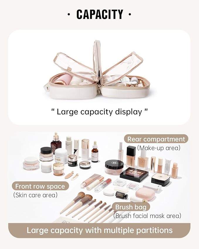EACHY Travel Makeup Bag, Large Capacity Cosmetic Bag for Women, Waterproof PU Leather, Flat Open Portable Toiletry Bag for Skincare, Brushes & Travel Essentials
