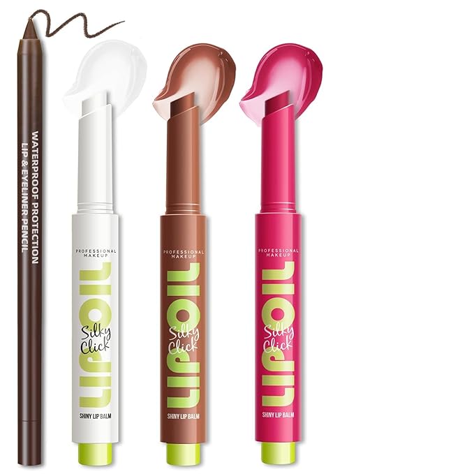 Moisturizing Solid Lip Gloss Jelly Lipstick, 3Color Lip Oil Lip Plumper with Dark Brown Lip Liner Combo, Glossy Lightweight Pigmented Non Sticky Tinted Lip Click Balm Makeup Gift Set for Women