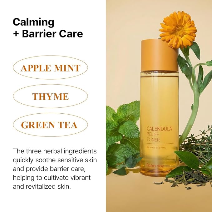 FARMSTAY Calendula Relief Toner | Quick Calming Sensitive Non-Sticky Non-Irritating Hydrating Moisturizing Korean Vegan Soothing All Skin Type 6.76 fl oz