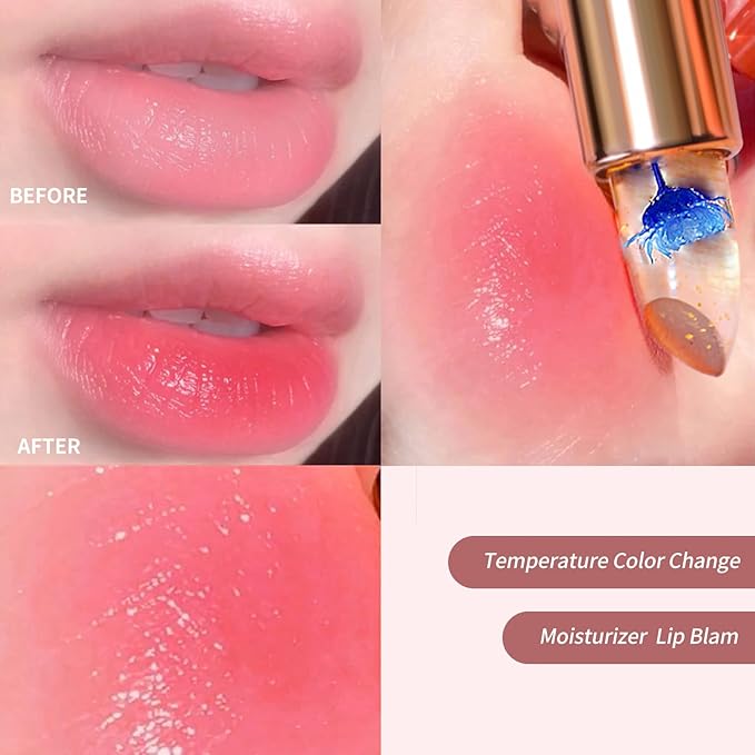 BLUE LOVE 3-Piece Color Changing Flower Jelly Lipstick Set - Nourishing Clear Lip Balm with Flower, Long-Lasting Moisturizing Lip Gloss (3Pc Blue)