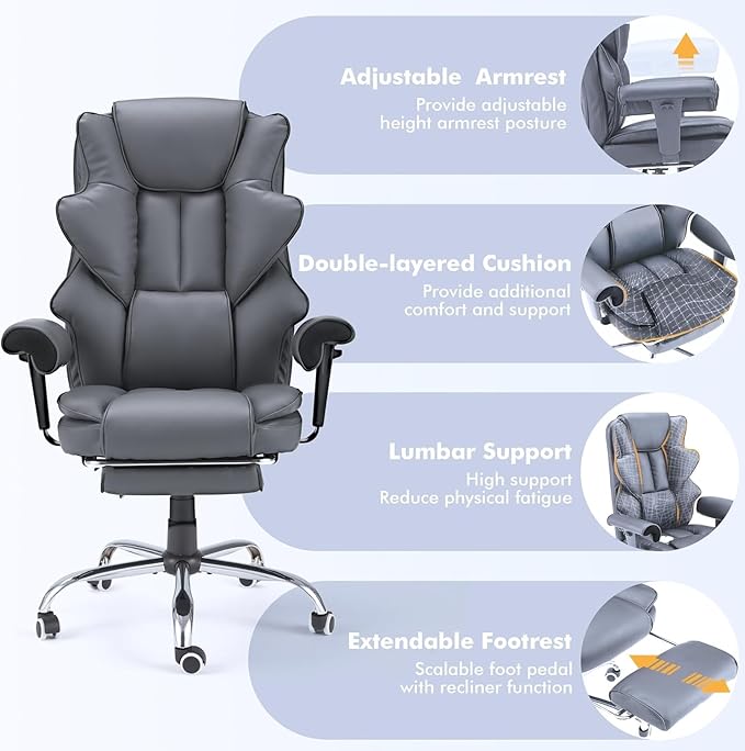 HOMREST 6-Point Massage Executive Chair, Ergonomic Heated Office Chair with Adjustable Backrest and Armrest, Home Office Desk Chairs with Retractable Footrest(‌SlateGray‌)